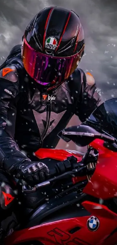 Futuristic biker on red motorcycle with stormy sky.