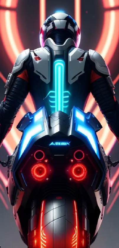 Futuristic biker with neon background in sci-fi style.