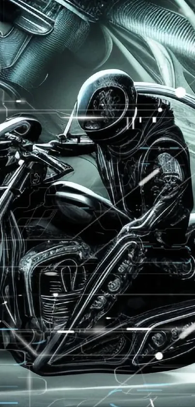 Futuristic biker in sci-fi setting mobile wallpaper.