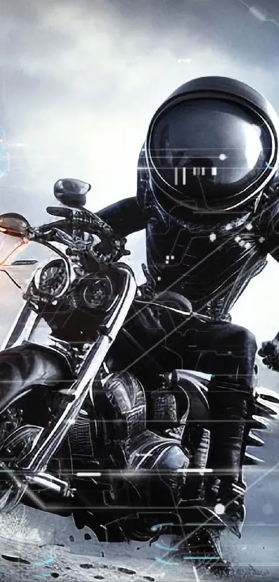 Futuristic biker in space suit riding motorcycle wallpaper.