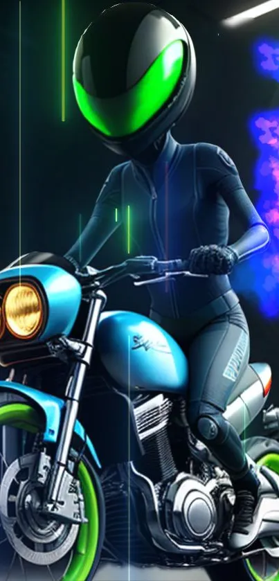Futuristic biker with neon green accents, depicted on a digital motorcycle