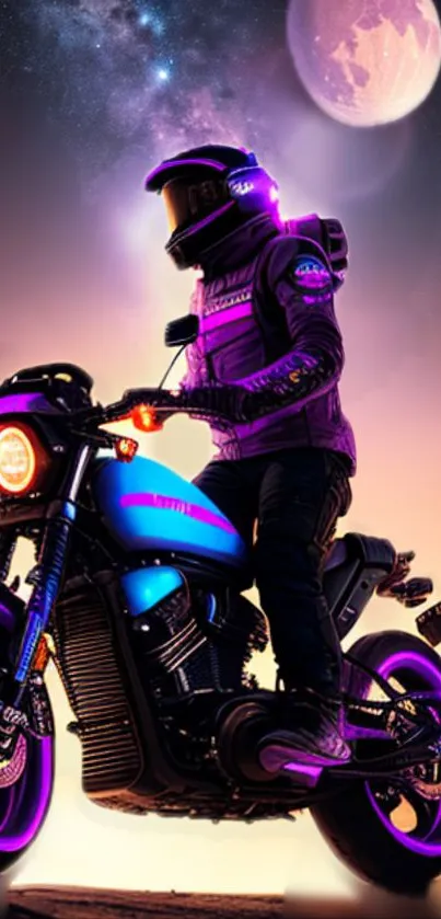 Futuristic biker under neon-lit moon with motorcycle.