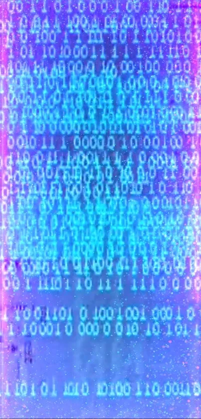 Mobile wallpaper with binary code in blue and purple neon glow.