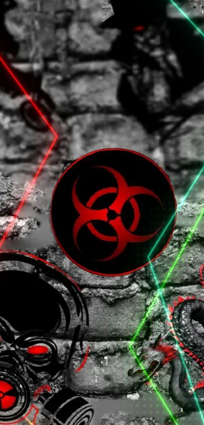 Futuristic wallpaper with biohazard symbol and neon lights.