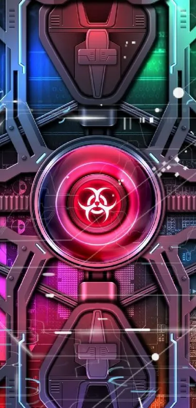 Futuristic biohazard tech-themed wallpaper with vibrant colors.