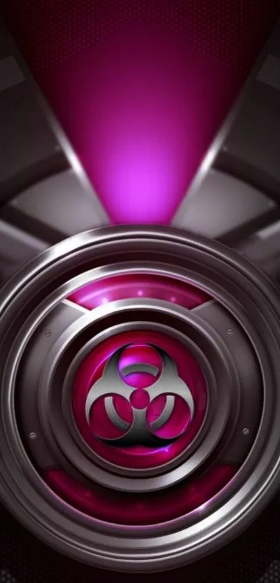 Futuristic biohazard emblem with magenta and metallic design.