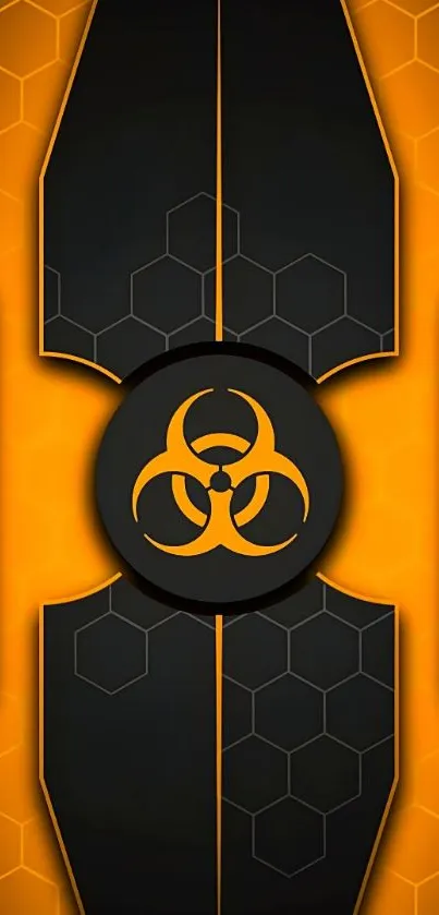 Futuristic black and orange wallpaper with biohazard symbol.