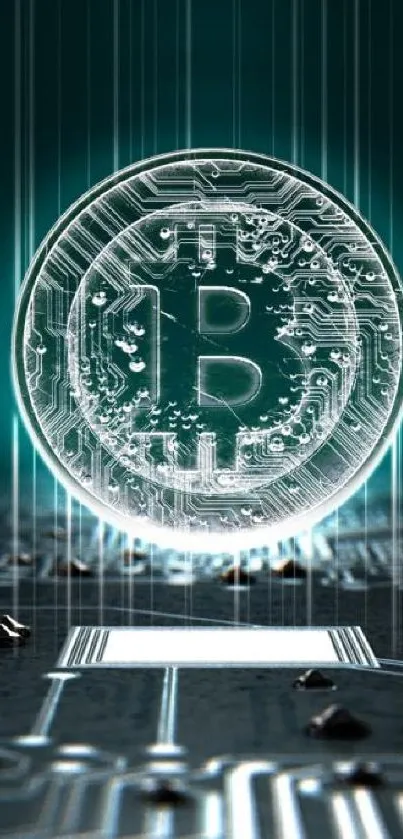 Futuristic Bitcoin cryptocurrency wallpaper design with teal circuit background.