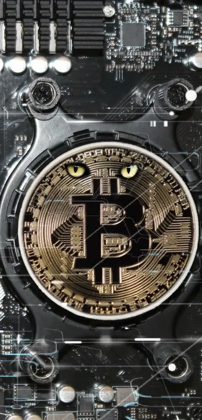 Futuristic Bitcoin circuit board wallpaper with high-tech design.