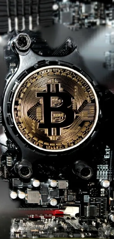 Futuristic Bitcoin circuit design wallpaper with intricate black and gold elements.