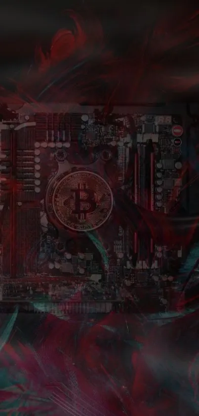 Bitcoin-focused circuit board wallpaper with dark red hues.