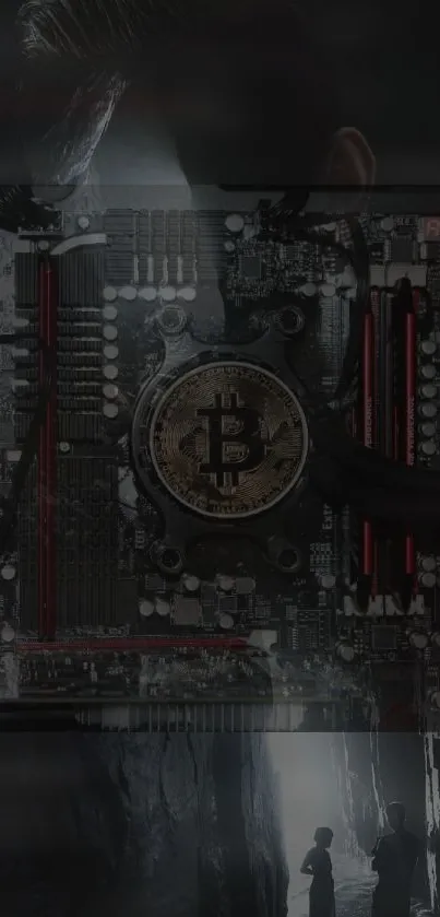 Futuristic wallpaper featuring a Bitcoin on a motherboard with dark gray tones.