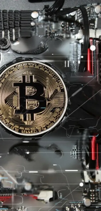 Bitcoin emblem on futuristic circuit board wallpaper.