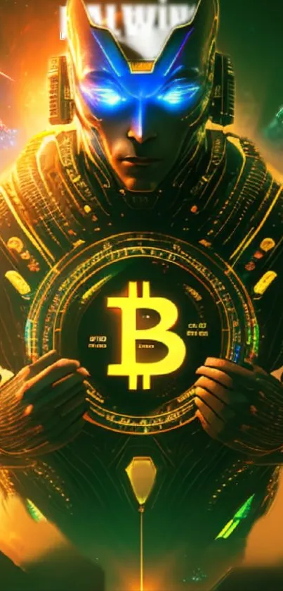 Futuristic cyborg holding a glowing Bitcoin symbol with neon lights.