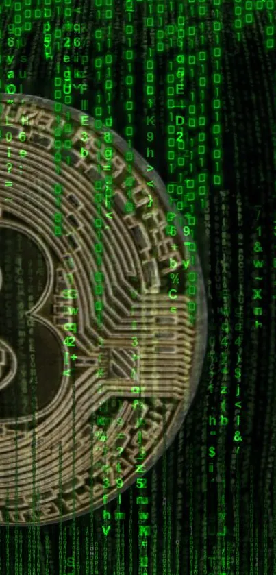 Bitcoin coin on a digital matrix background with green code.