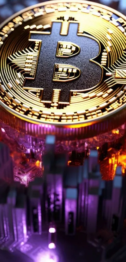Golden Bitcoin on a futuristic, glowing digital background.