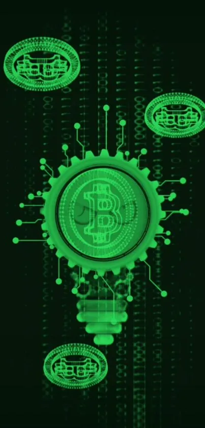 Futuristic green Bitcoin digital art wallpaper for mobile screen.