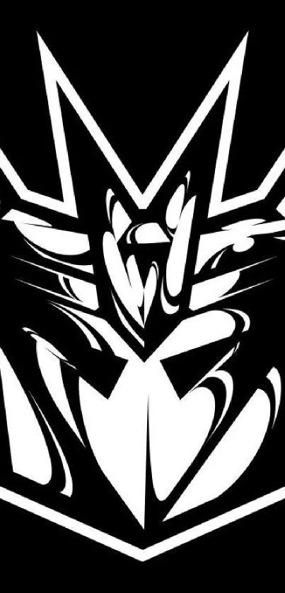 Black and white emblem wallpaper with abstract design and sharp edges.