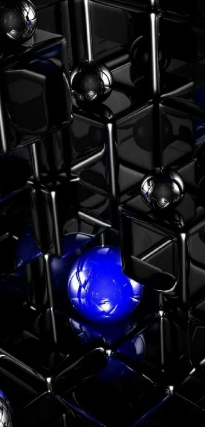 Futuristic black and blue geometric wallpaper with 3D cubes.