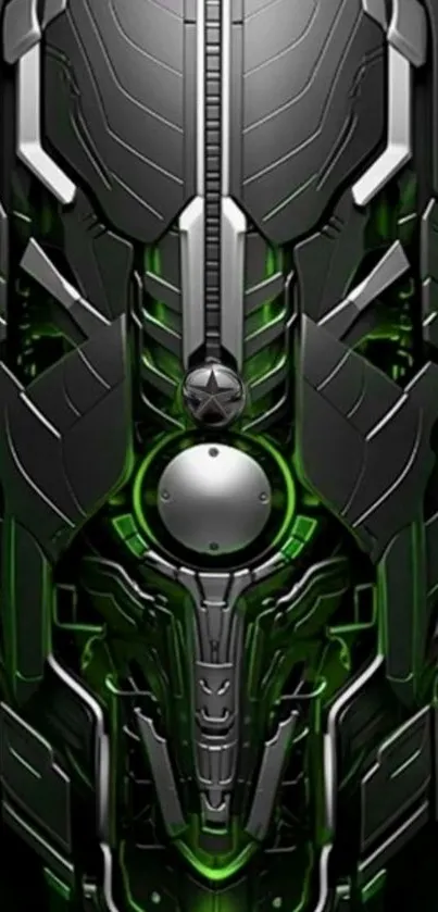 Futuristic black and green mechanical wallpaper design.