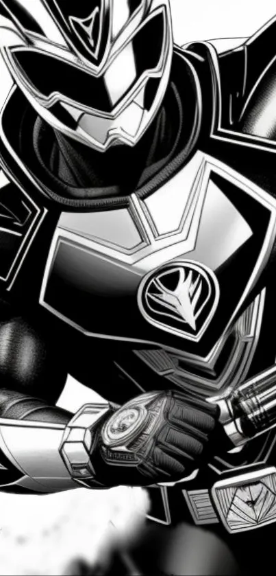 Futuristic character in black armor suit, high contrast design.