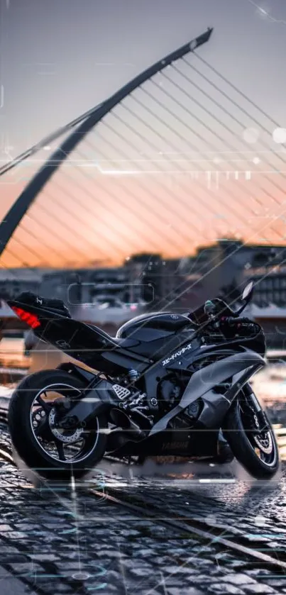 Futuristic black motorcycle with digital effects against a sunset cityscape.