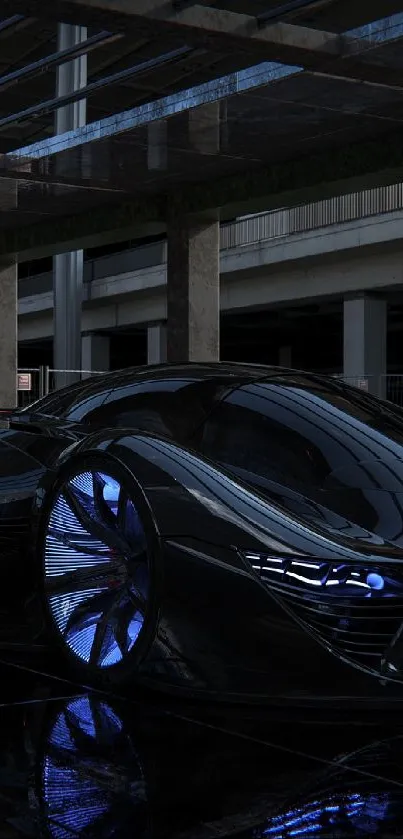 Futuristic black car with neon accents in a modern setting.