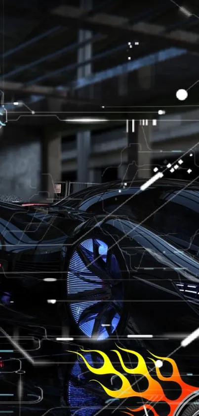 Futuristic black car with blue accents in a modern setting.