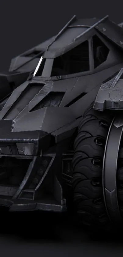 Dark futuristic car with intricate design on a wallpaper background.