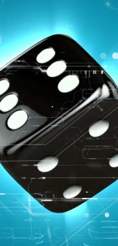 Futuristic black dice with glowing cyan background.