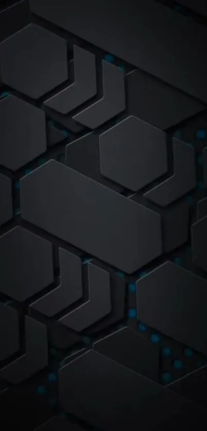 Black hexagonal pattern with blue accents, futuristic wallpaper.