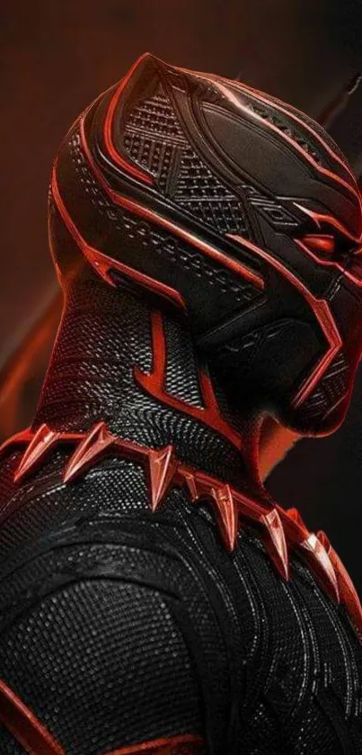 Futuristic Black Panther graphic wallpaper with red highlights.