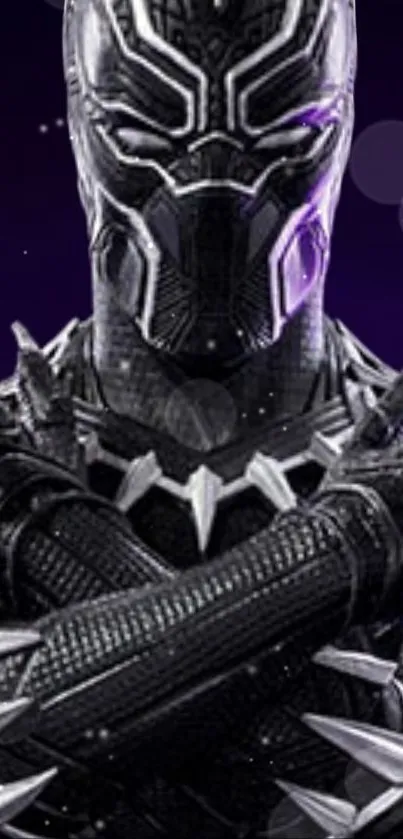 Black superhero in futuristic armor on purple background wallpaper.