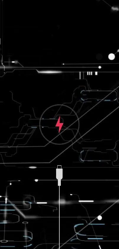 Futuristic black wallpaper with neon circuits and a pink lightning bolt.