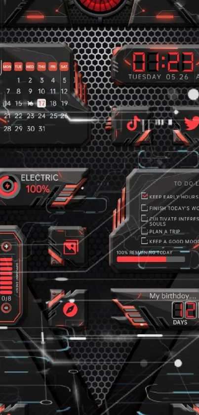 Futuristic black and red wallpaper with cyber theme icons and digital interface.