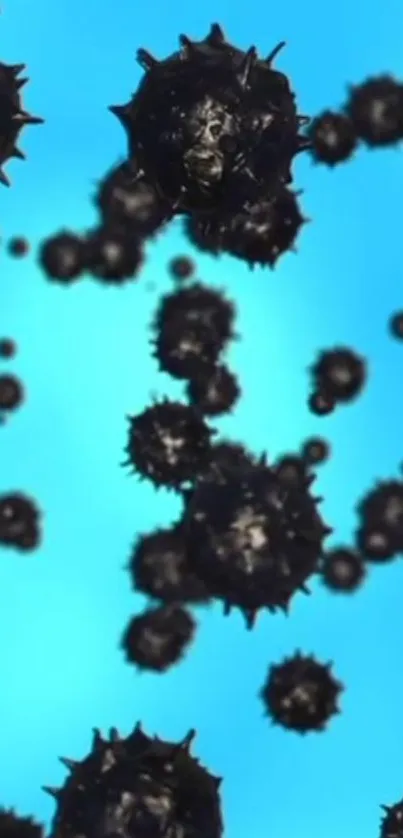 Black spiky spheres floating on a sky blue background.