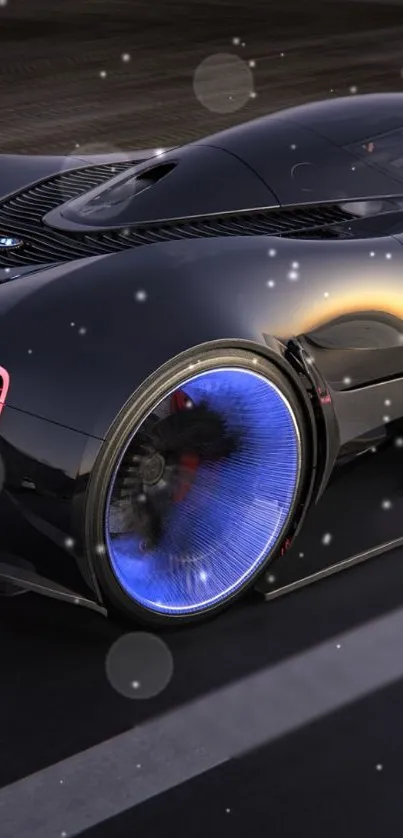 Futuristic black sports car racing down a road at high speed.
