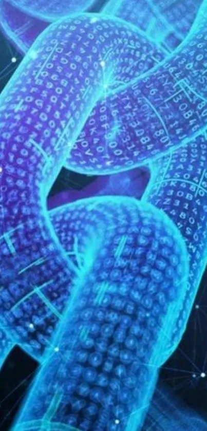 Futuristic blockchain design with glowing blue code.