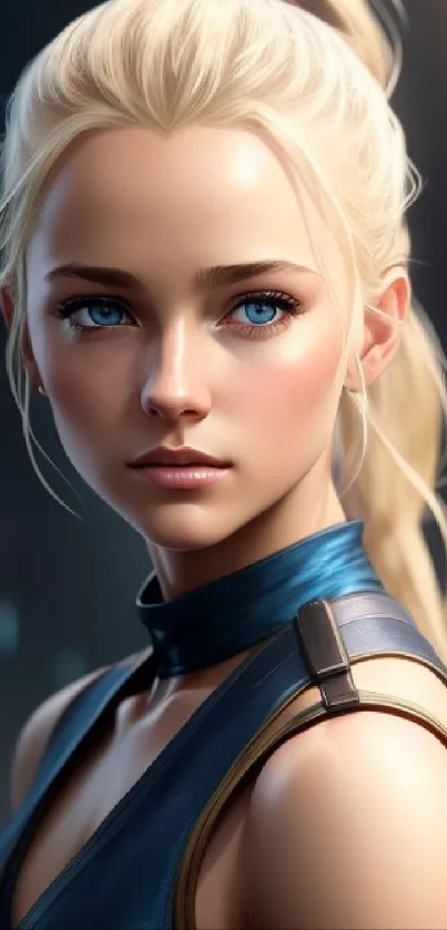 Futuristic blonde character with blue eyes in a digital artwork.