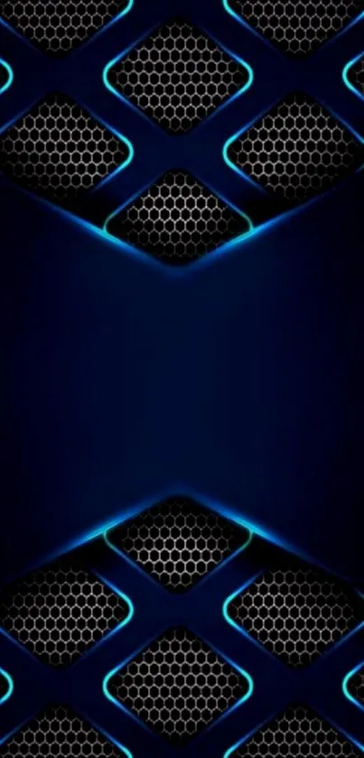 Futuristic blue abstract wallpaper with neon hexagons.