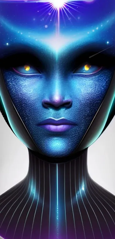 Futuristic blue alien with glowing eyes and a cosmic background.