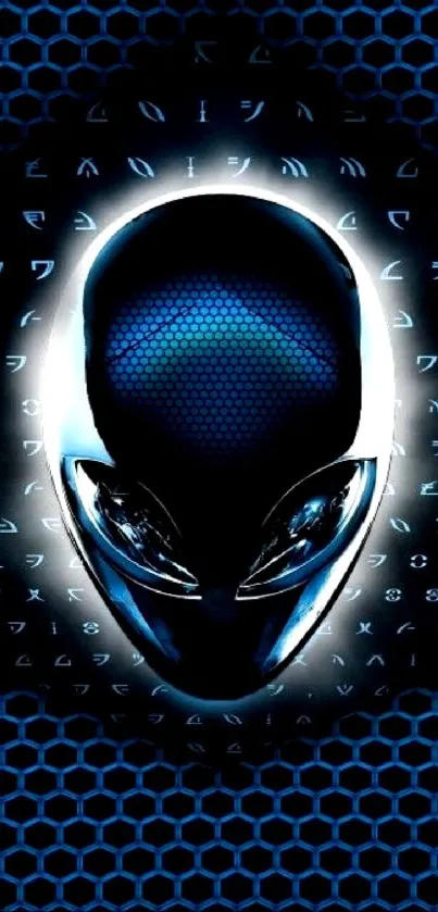 Futuristic blue alien head design with a glowing effect on a patterned background.