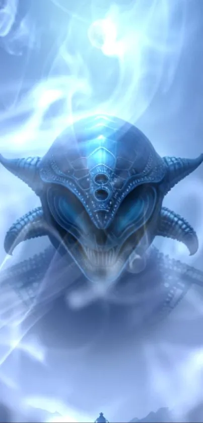 Futuristic alien against a moonlit blue background with dark mountains.