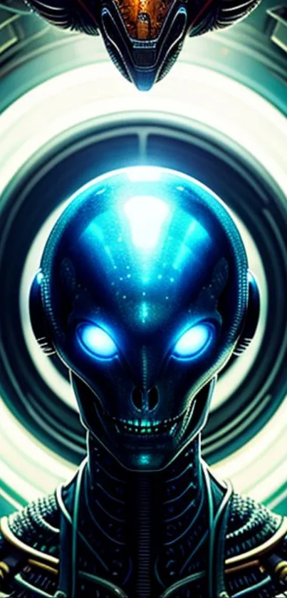 Futuristic blue alien with glowing eyes and intricate design on mobile wallpaper.