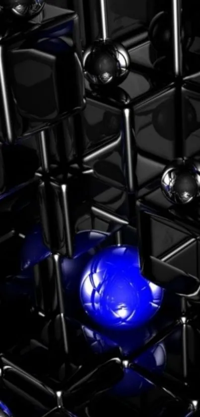 Futuristic blue and black geometric mobile wallpaper with glowing spheres.