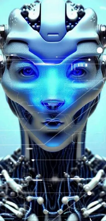 Futuristic blue android face with intricate technology design.