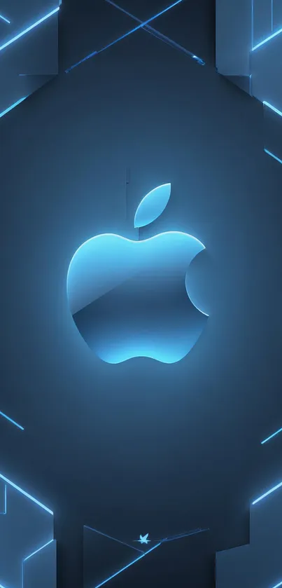 Futuristic mobile wallpaper with a glowing blue Apple logo.