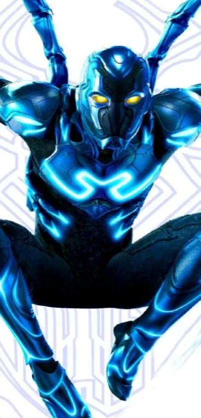 Futuristic blue armor with neon lights on mobile wallpaper.