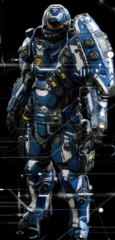 Futuristic blue armored suit on black background wallpaper.