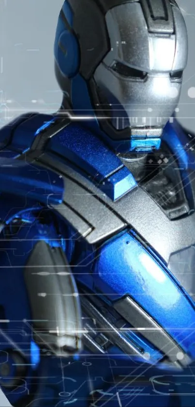 Futuristic blue armored figure on sci-fi themed mobile wallpaper.